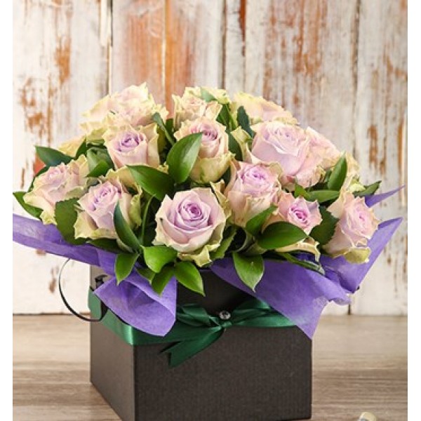 Light Purple Roses in Black Box